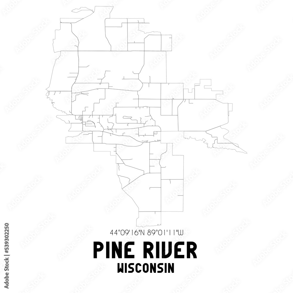 Pine River Wisconsin. US street map with black and white lines.