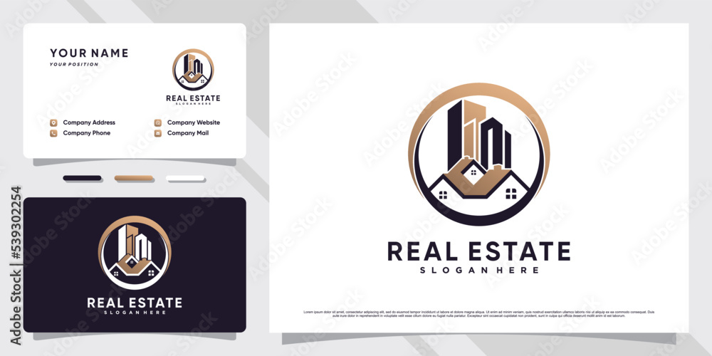 Real estate building logo design with creative element and business card template Real estate building logo design with creative element and business card template
