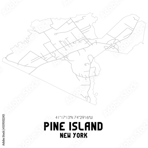 Pine Island New York. US street map with black and white lines.