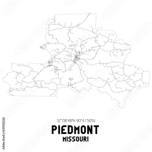 Piedmont Missouri. US street map with black and white lines.