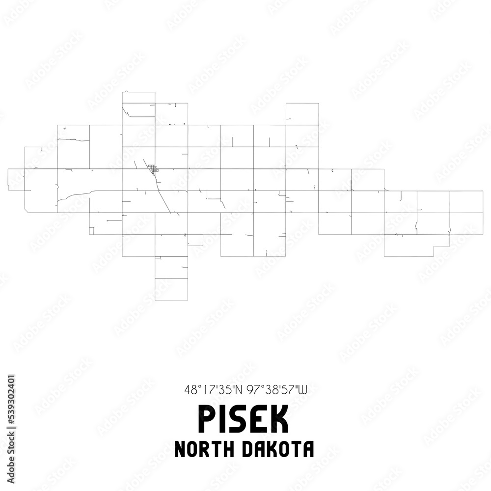 Pisek North Dakota. US street map with black and white lines.