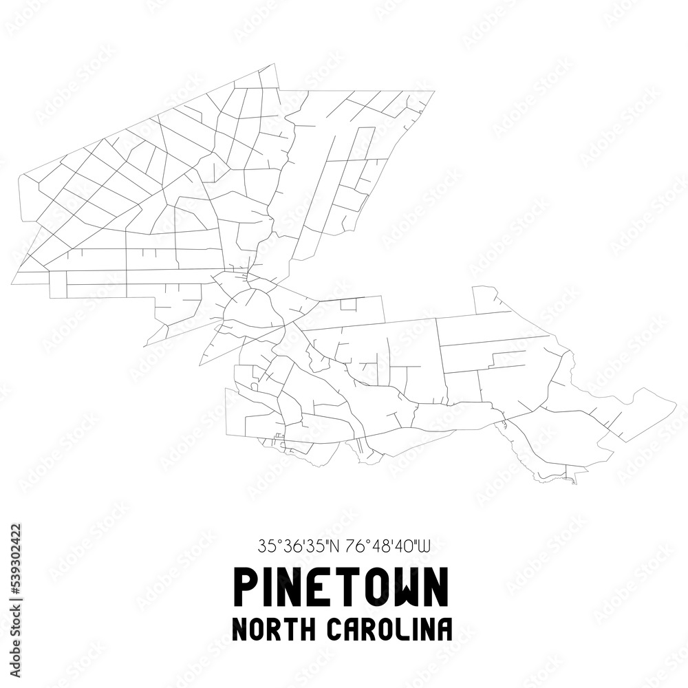 Pinetown North Carolina. US street map with black and white lines.