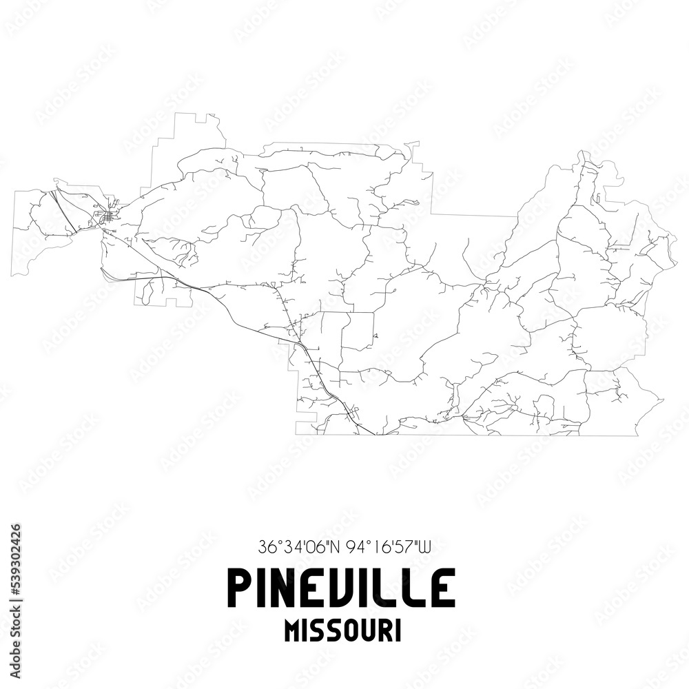 Pineville Missouri. US street map with black and white lines.