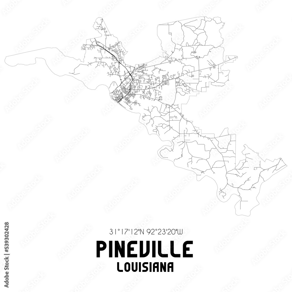 Pineville Louisiana. US street map with black and white lines.