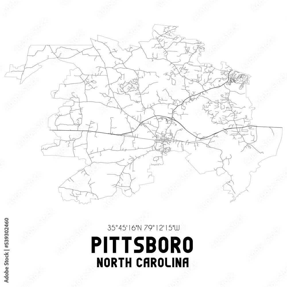 Pittsboro North Carolina. US street map with black and white lines. Pittsboro North Carolina. US street map with black and white lines.
