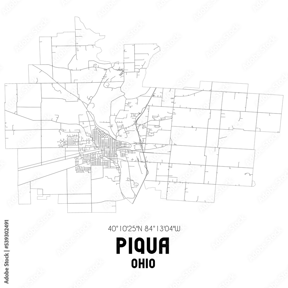 Piqua Ohio. US street map with black and white lines.