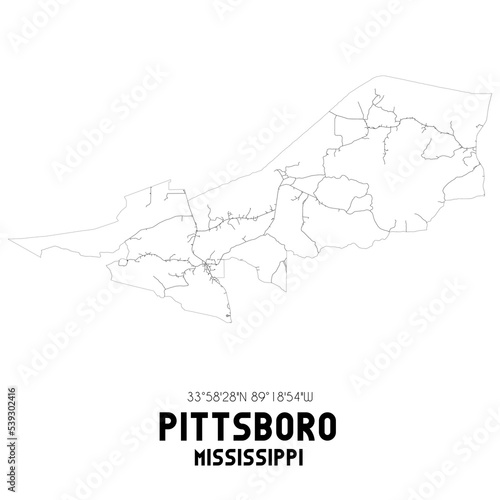 Pittsboro Mississippi. US street map with black and white lines.
