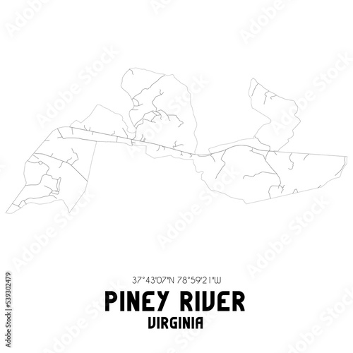 Piney River Virginia. US street map with black and white lines.