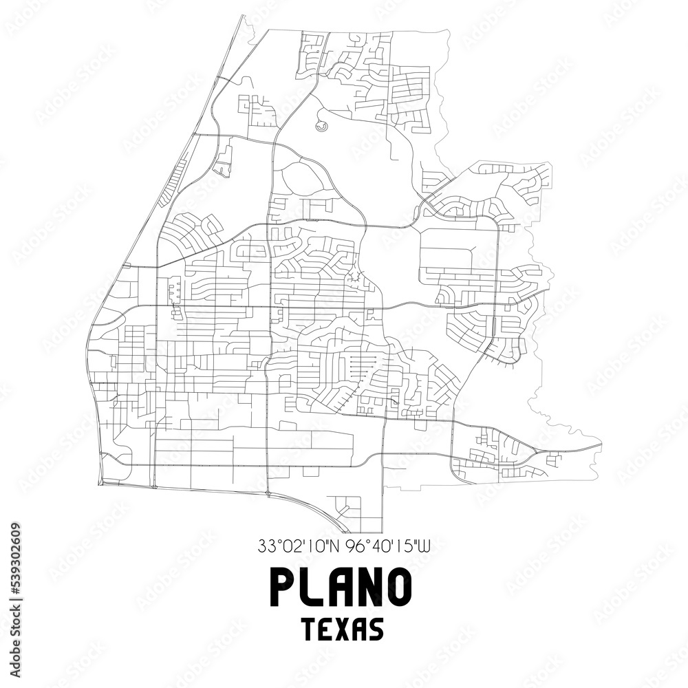 Plano Texas. US street map with black and white lines.