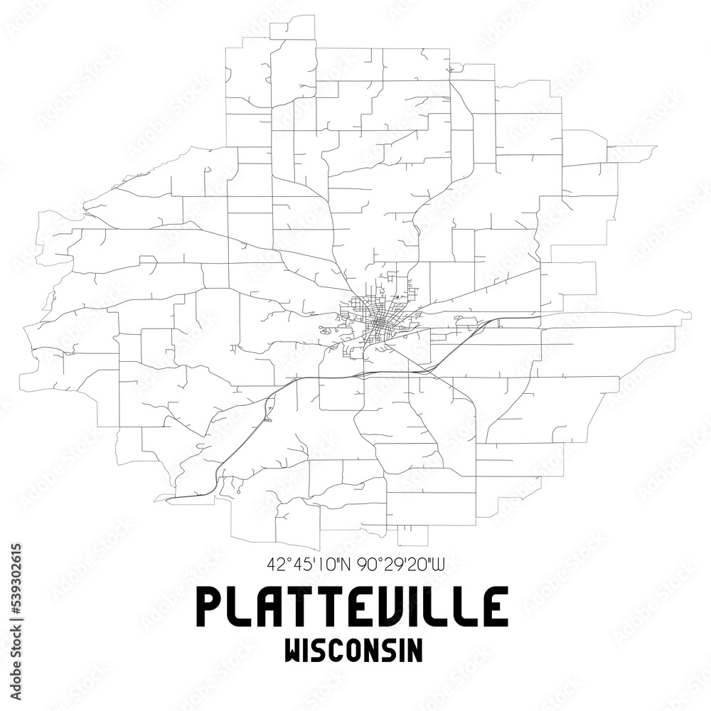 Platteville Wisconsin. US street map with black and white lines.