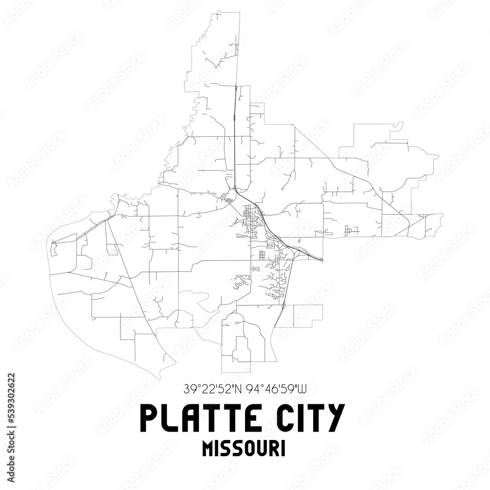 Platte City Missouri. US street map with black and white lines.