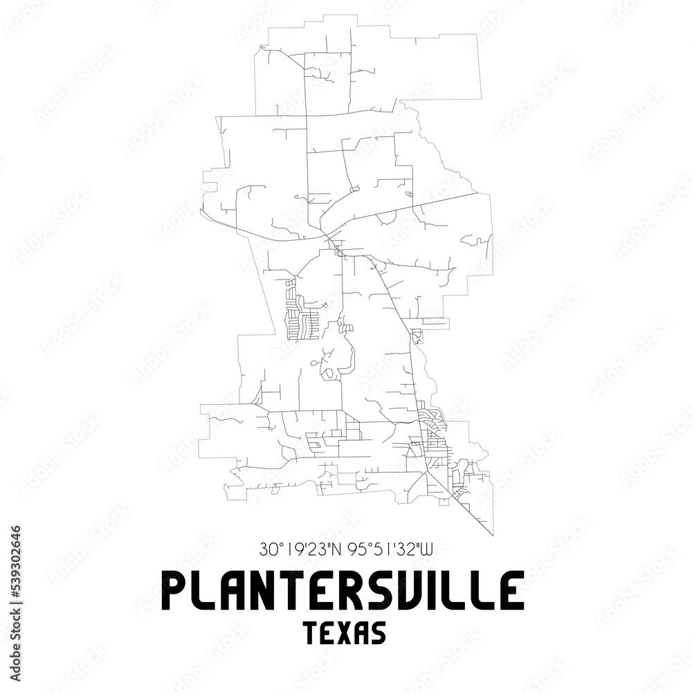 Plantersville Texas. US street map with black and white lines.