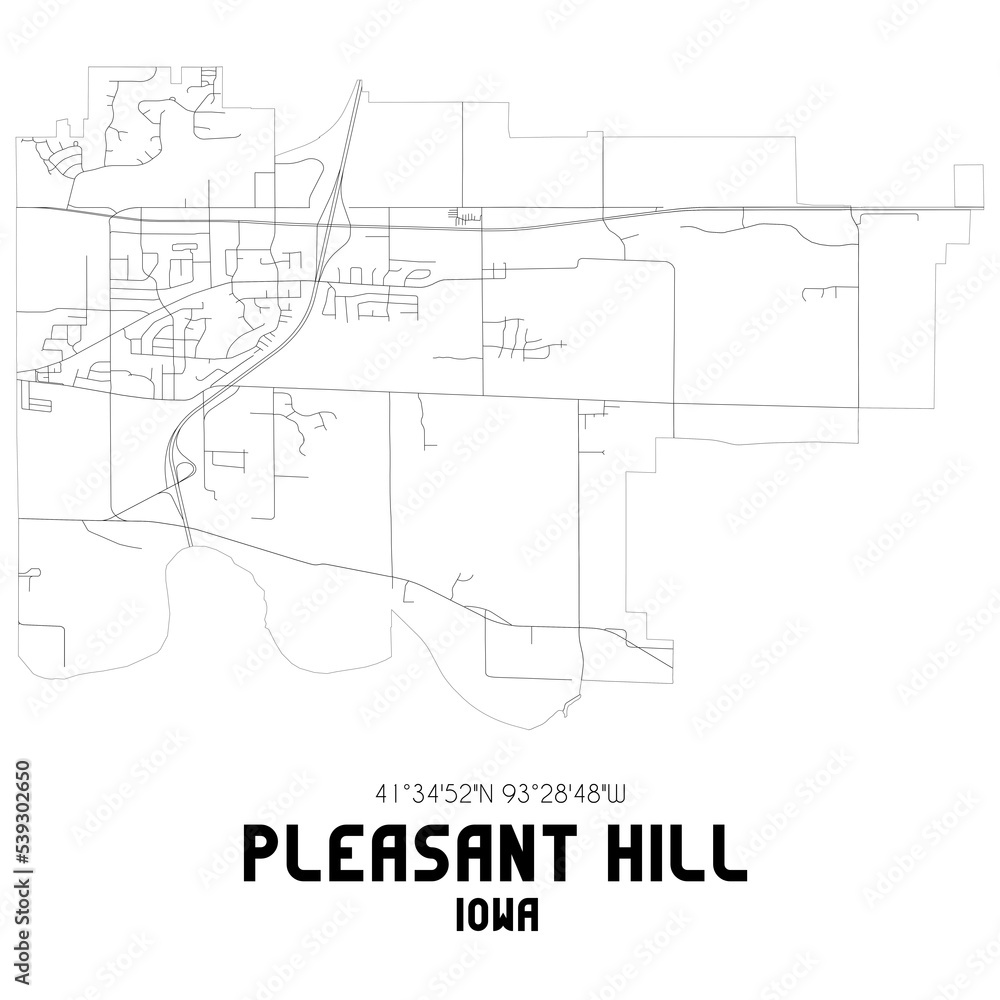 Pleasant Hill Iowa. US street map with black and white lines.