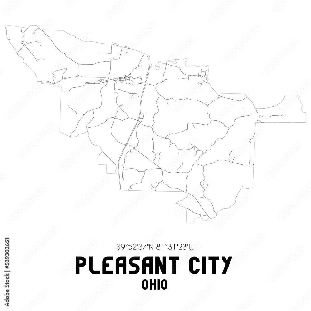 Pleasant City Ohio. US street map with black and white lines.