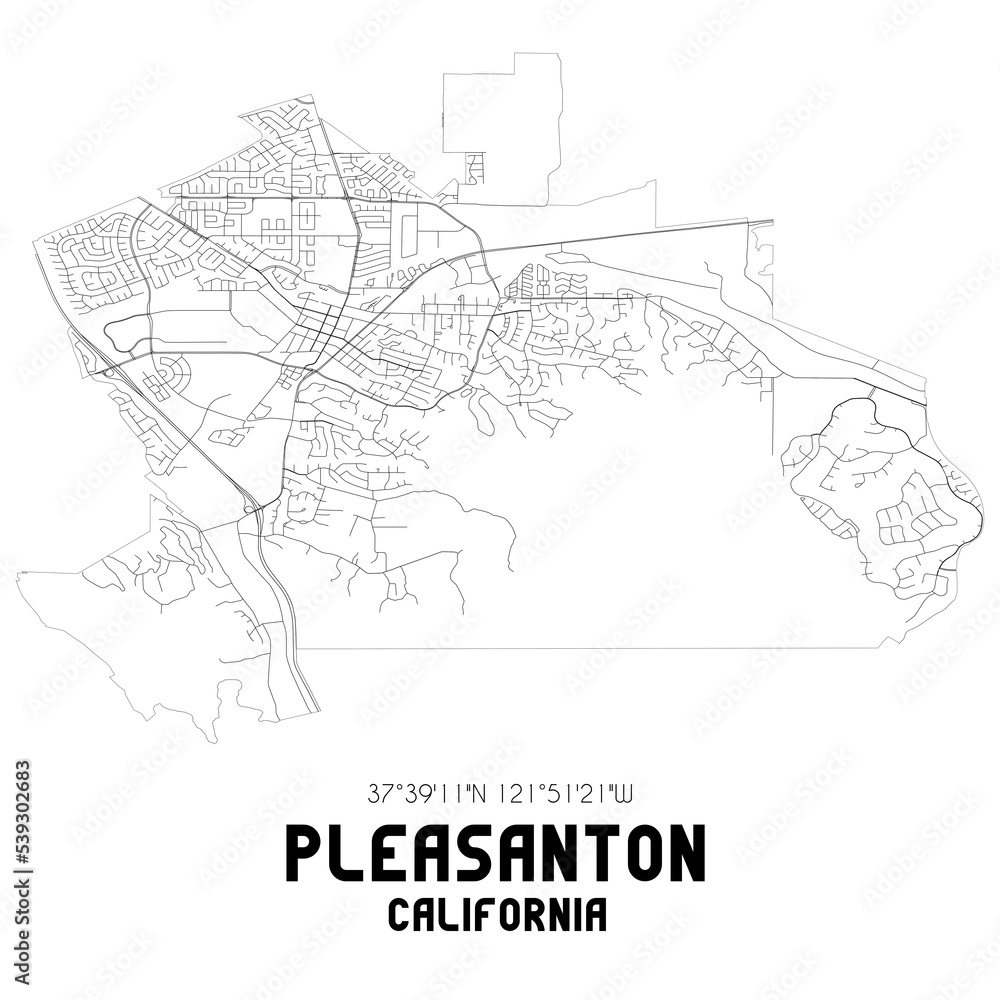 Pleasanton California. US street map with black and white lines.