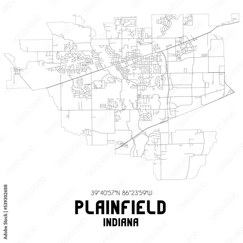 Plainfield Indiana. US street map with black and white lines.