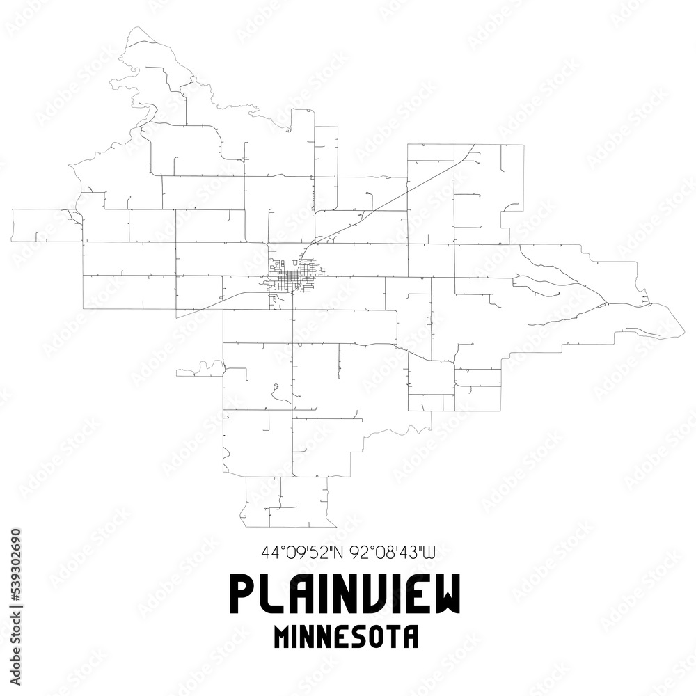 Plainview Minnesota. US street map with black and white lines.