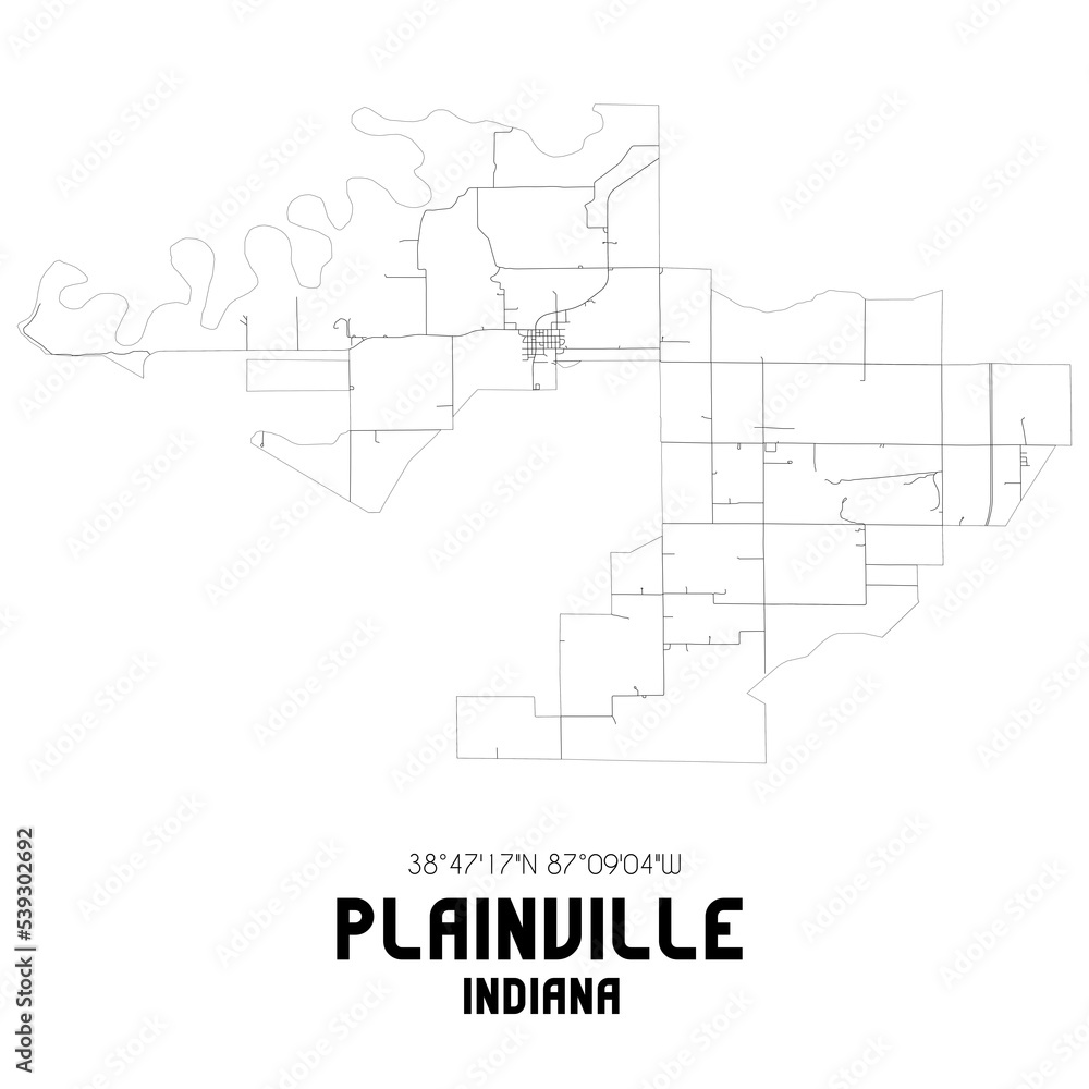Plainville Indiana. US street map with black and white lines.