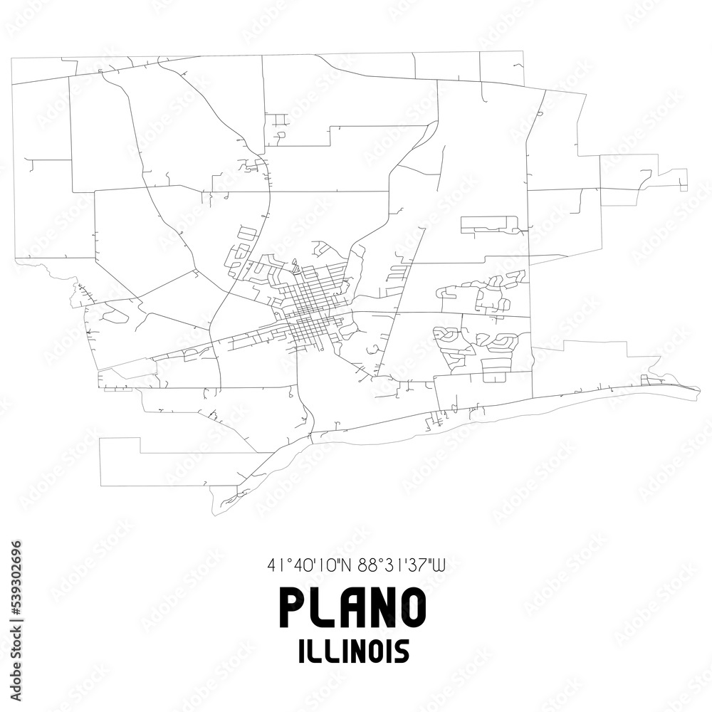 Plano Illinois. US street map with black and white lines.