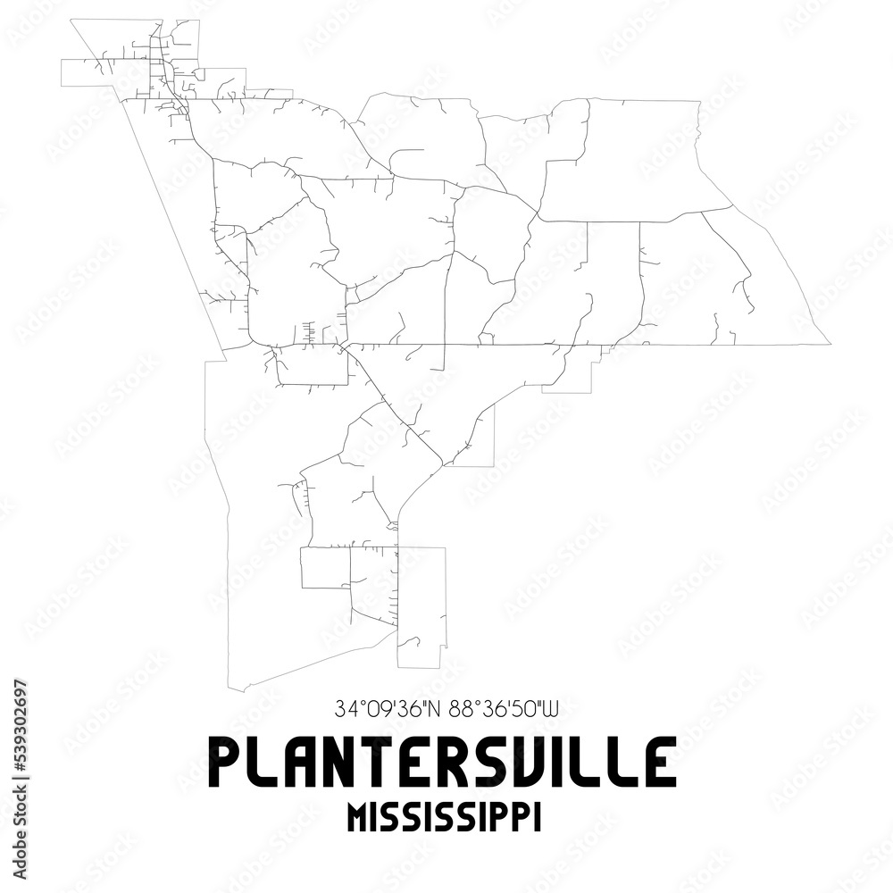 Plantersville Mississippi. US street map with black and white lines. Plantersville Mississippi. US street map with black and white lines.
