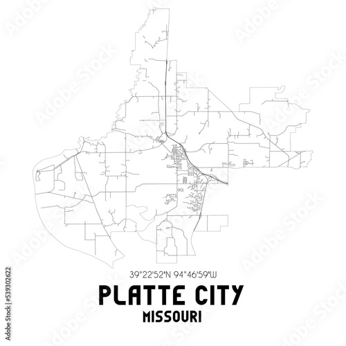 Platte City Missouri. US street map with black and white lines.