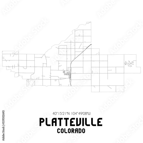 Platteville Colorado. US street map with black and white lines.
