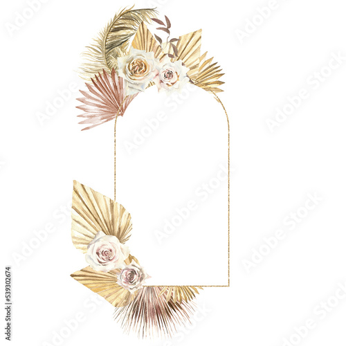 Watercolor boho frame.Bronze dried flowers arrangements, garden rose, dried palm, protea. Oriental arch shape frame. Rectangular, oblong, place for text. Boho wedding stationery invitation card