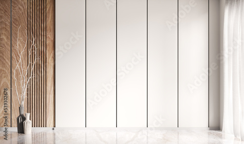 Fototapeta Naklejka Na Ścianę i Meble -  Empty room interior background, white paneling mock up wall. Wooden paneling and marble flooring. Decorative vases with white twig. Home mock up design. 3d rendering