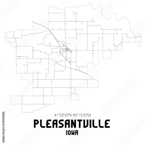 Pleasantville Iowa. US street map with black and white lines.