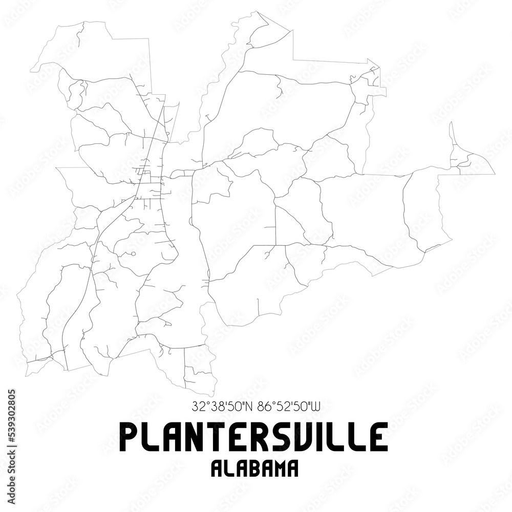 Plantersville Alabama. US street map with black and white lines.