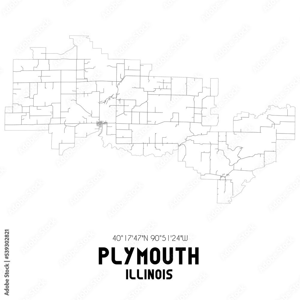 Plymouth Illinois. US street map with black and white lines.