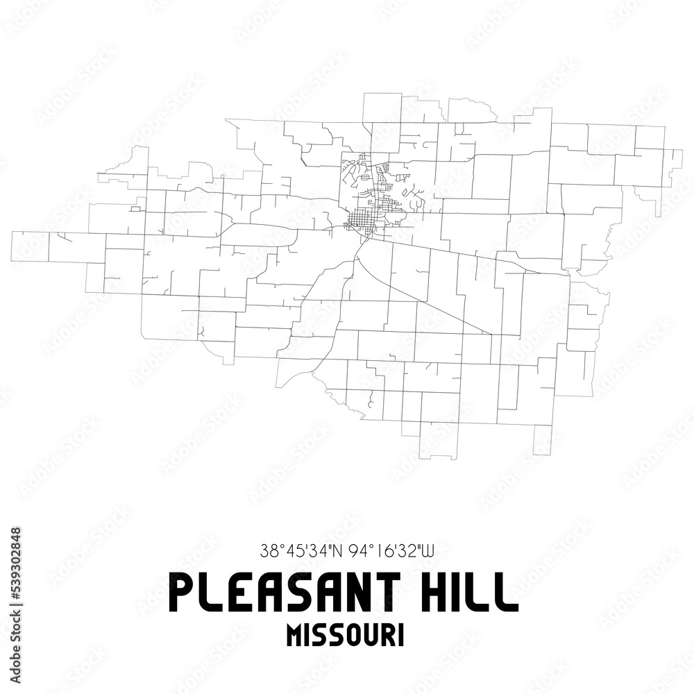 Pleasant Hill Missouri. US street map with black and white lines.