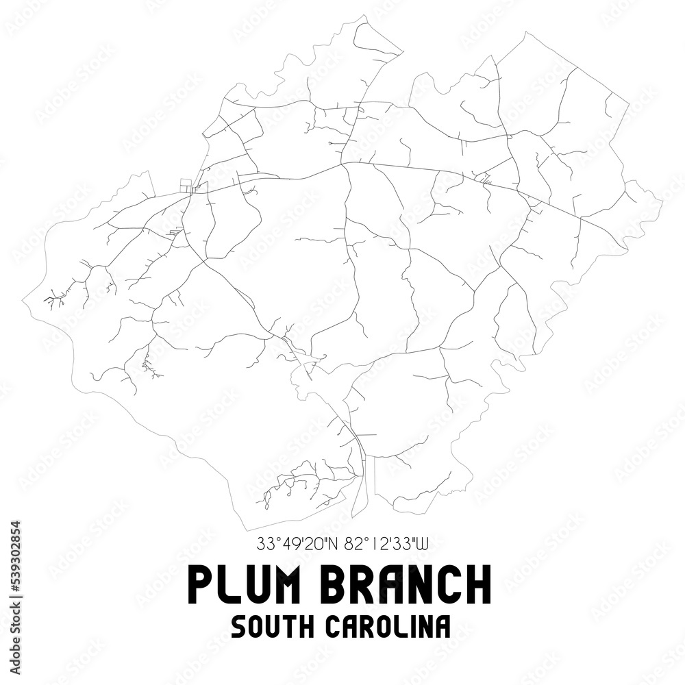 Plum Branch South Carolina. US street map with black and white lines.