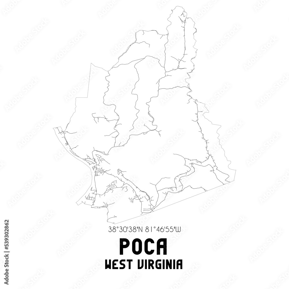 Poca West Virginia. US street map with black and white lines.