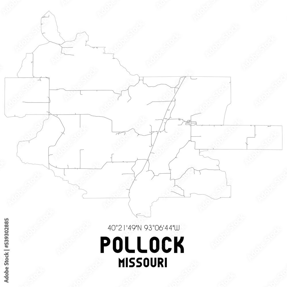 Pollock Missouri. US street map with black and white lines.