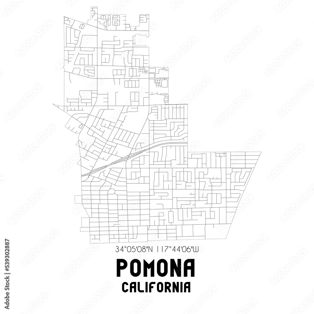 Pomona California. US street map with black and white lines.