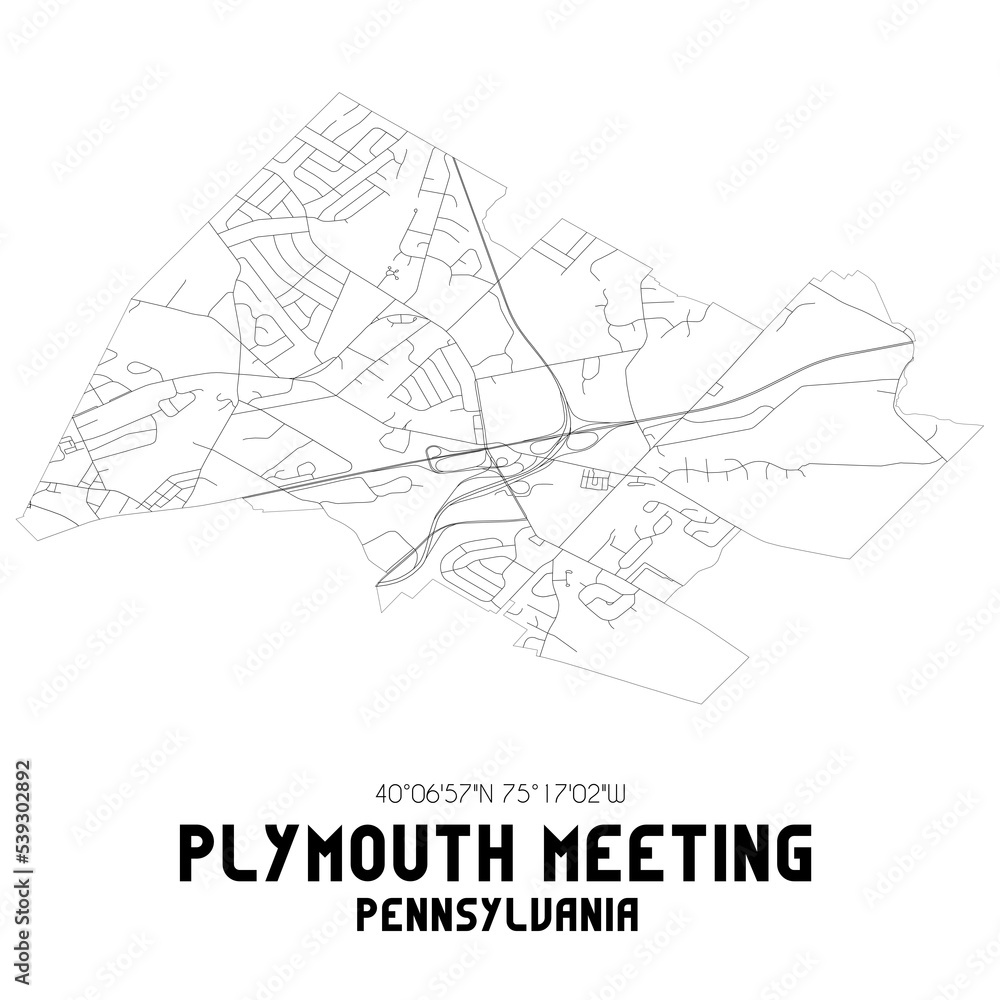 Plymouth Meeting Pennsylvania. US street map with black and white lines.