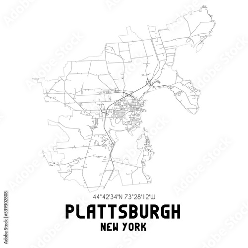 Plattsburgh New York. US street map with black and white lines.