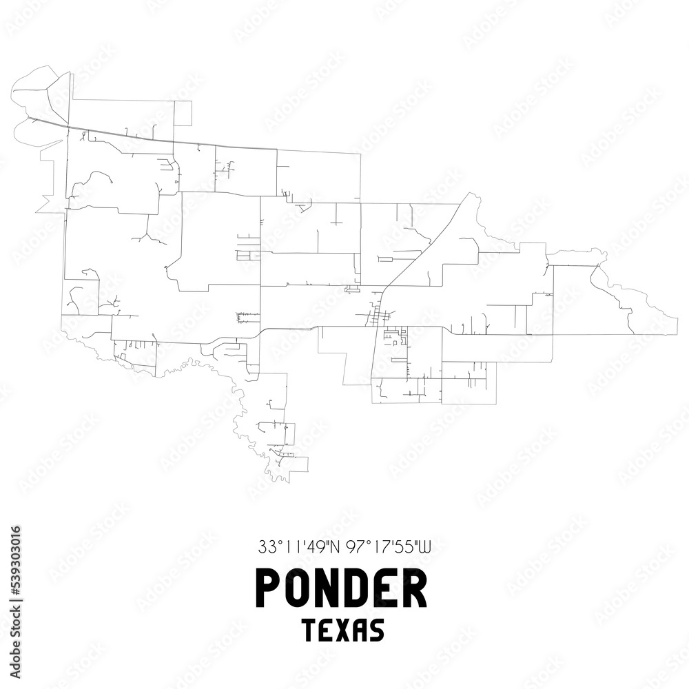 Ponder Texas. US street map with black and white lines.