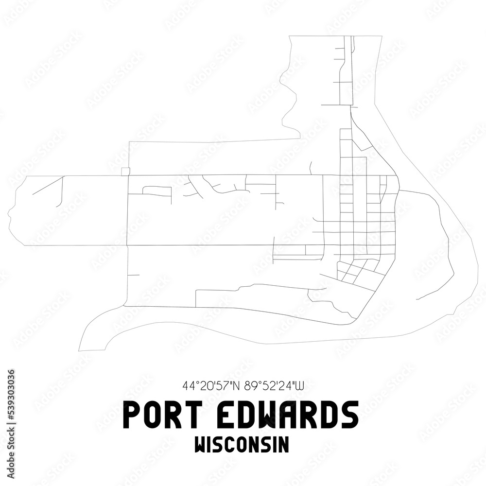 Port Edwards Wisconsin. US street map with black and white lines.