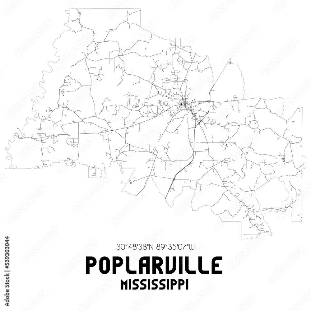 Poplarville Mississippi. US street map with black and white lines.