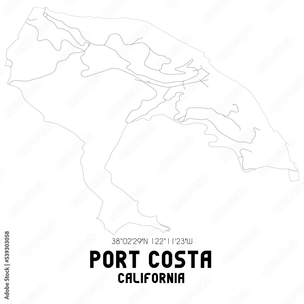 Port Costa California. US street map with black and white lines.