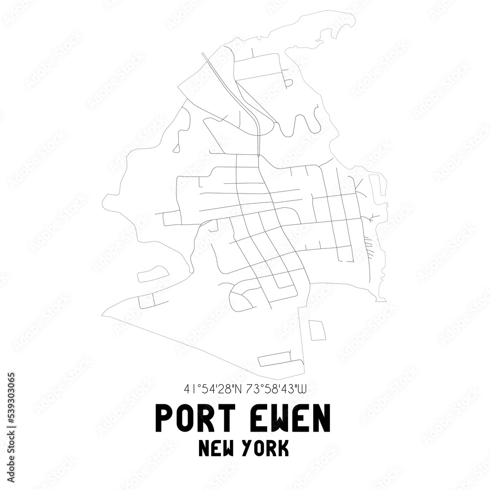 Port Ewen New York. US street map with black and white lines.