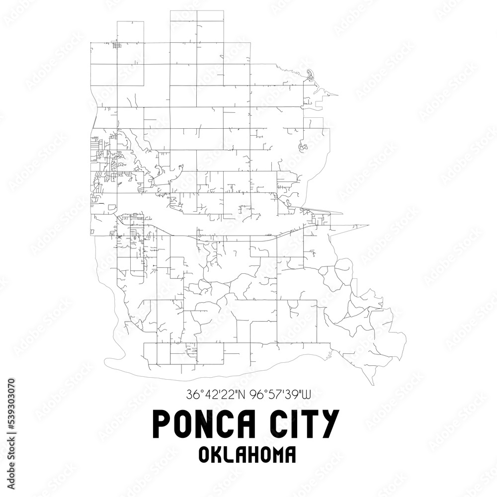 Ponca City Oklahoma. US street map with black and white lines.
