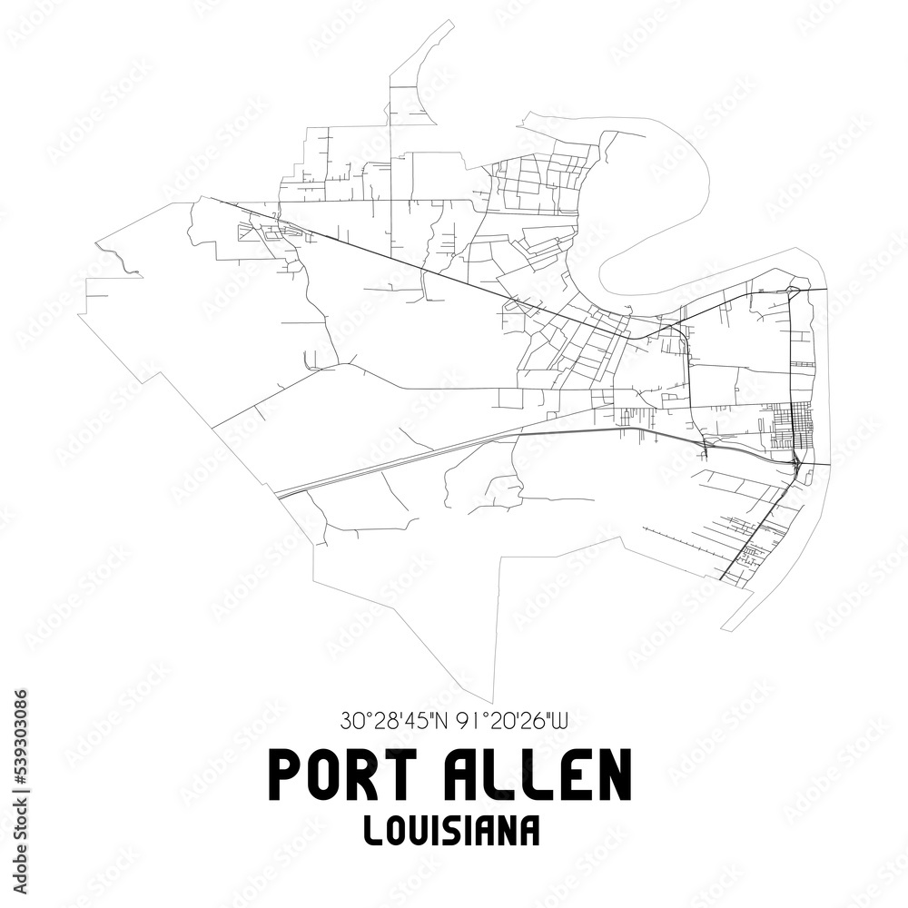 Port Allen Louisiana. US street map with black and white lines.