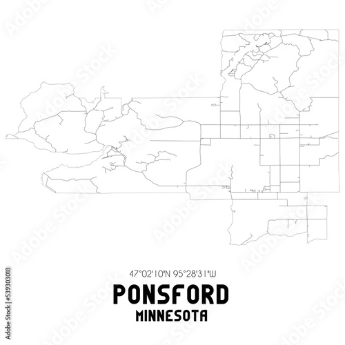 Ponsford Minnesota. US street map with black and white lines.