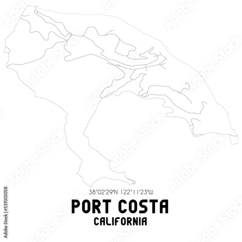Port Costa California. US street map with black and white lines.