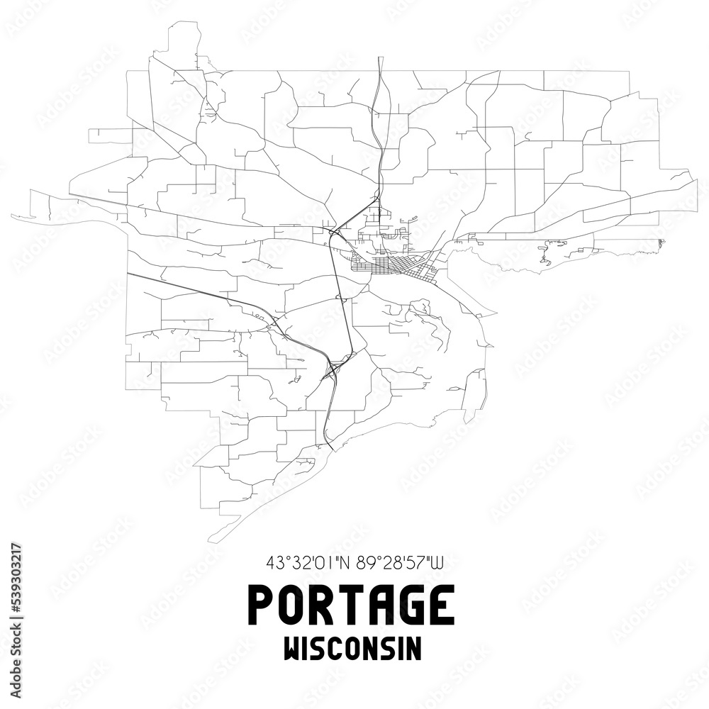 Portage Wisconsin. US street map with black and white lines.