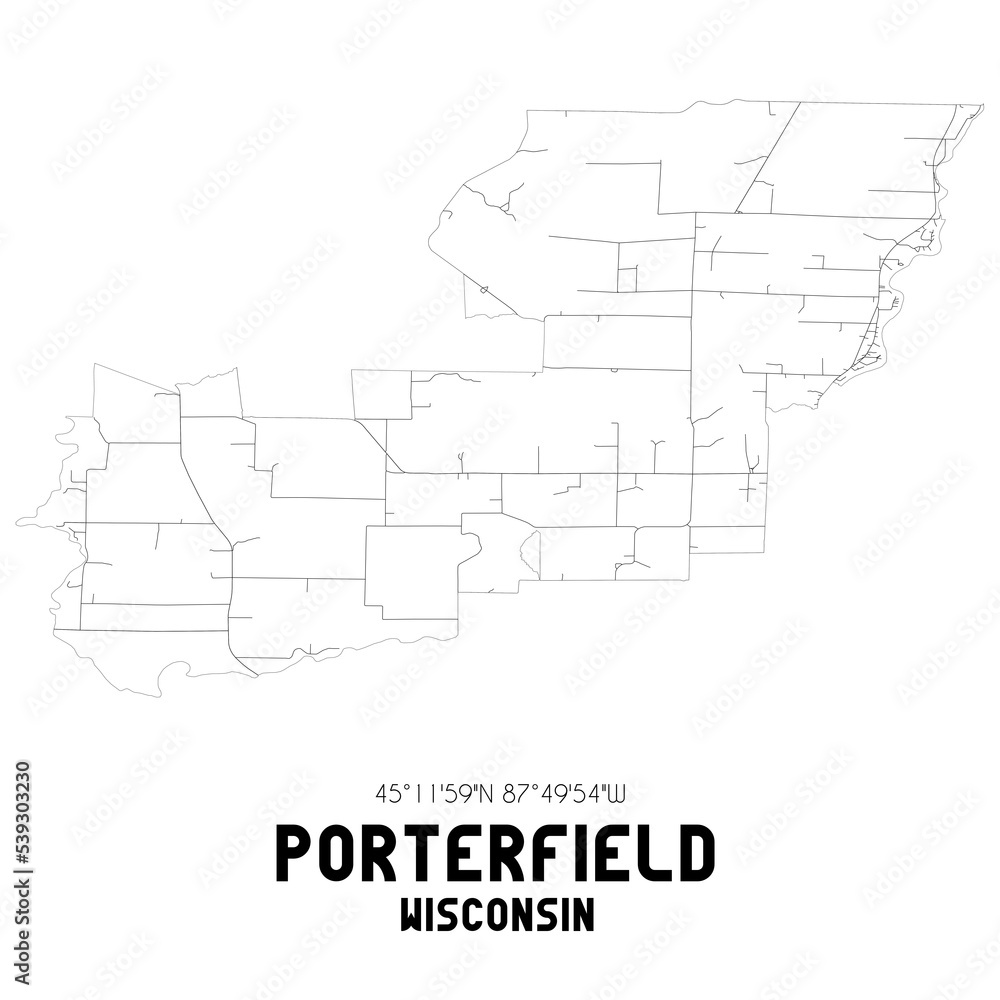 Porterfield Wisconsin. US street map with black and white lines.