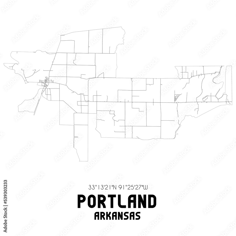 Portland Arkansas. US street map with black and white lines.